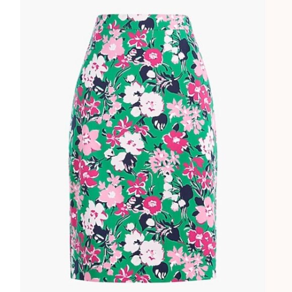 NWT J. Crew Factory Cotton Sateen Pencil Skirt Green & Pink Floral Size 0 - Picture 1 of 13
